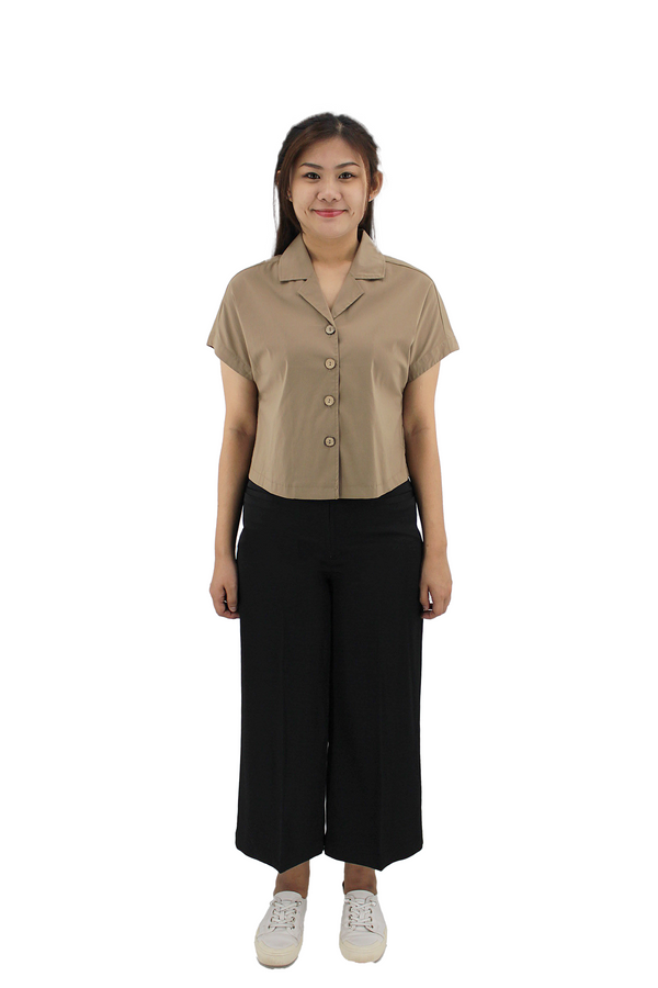 JENNA BUTTON UP SHORT SLEEVES BLOUSE (BROWN)