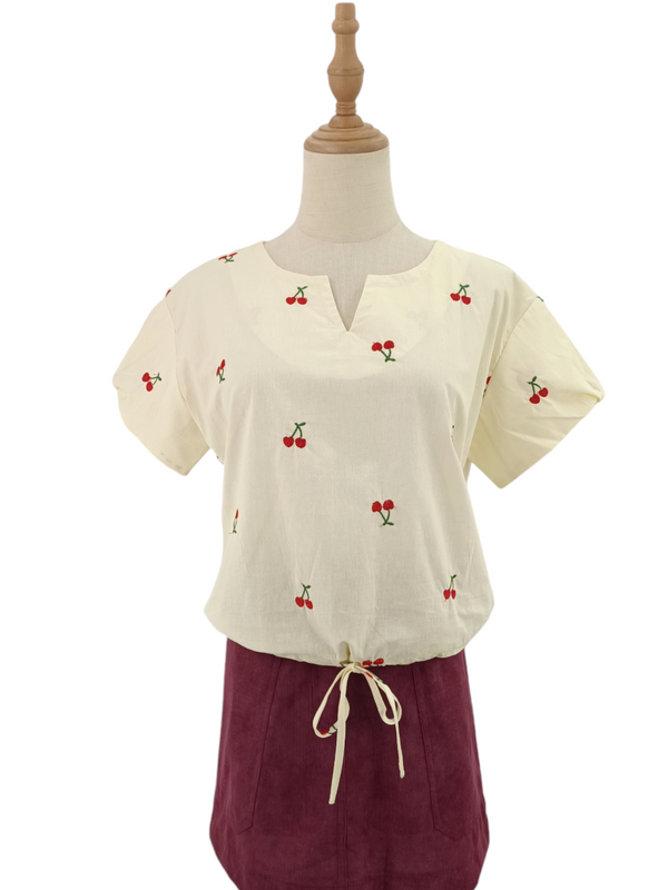 CHERRY EMBROIDERY SHORT SLEEVE BLOUSE