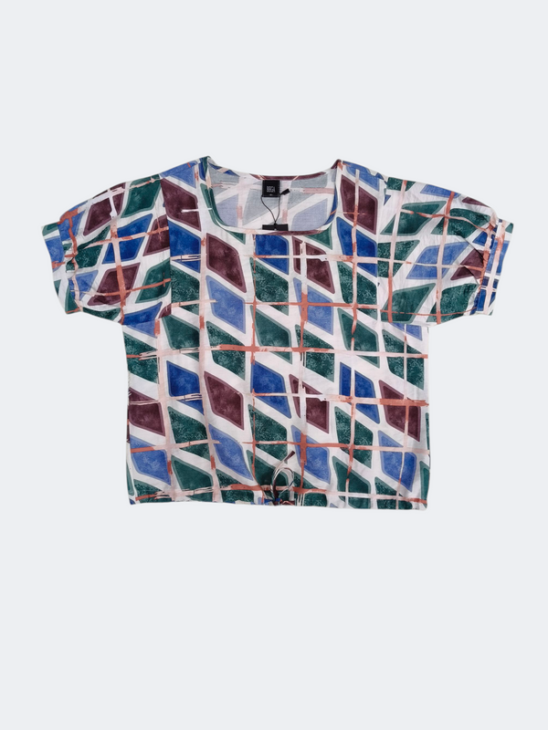 NORA GEOMETRIC PRINT TIE-HEM BLOUSE