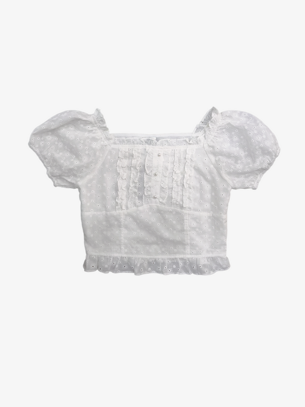 CLAIRE PEARL TRIM PUFF SLEEVE EYELET TOP