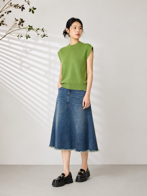 ALEXA RAW HEM DENIM MIDI SKIRT (N-JSKM62217)
