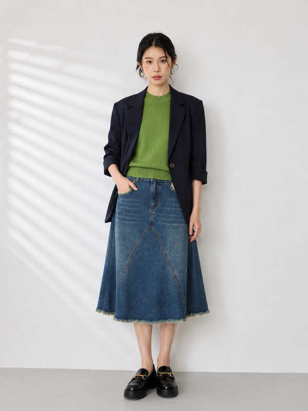 ALEXA RAW HEM DENIM MIDI SKIRT (N-JSKM62217)