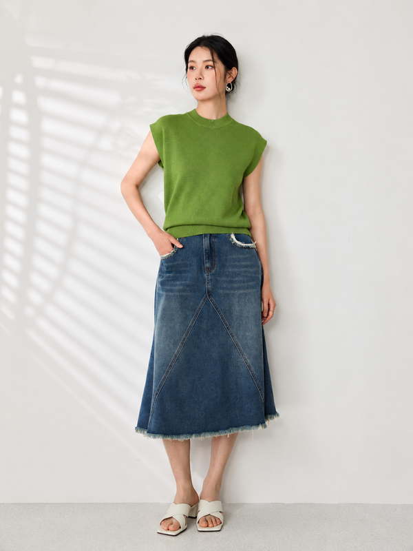 ALEXA RAW HEM DENIM MIDI SKIRT (N-JSKM62217)
