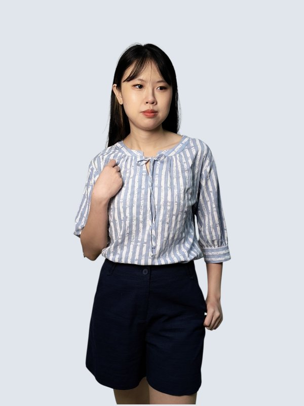NICA TIE NECK STRIPE PRINT BLOUSE (V-BB75918)