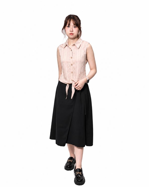 SHELBY SHIMMER TIE-FRONT SLEEVELESS BLOUSE (V-BV75948)