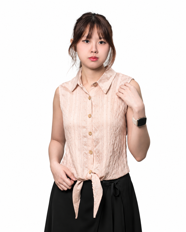 SHELBY SHIMMER TIE-FRONT SLEEVELESS BLOUSE (V-BV75948)