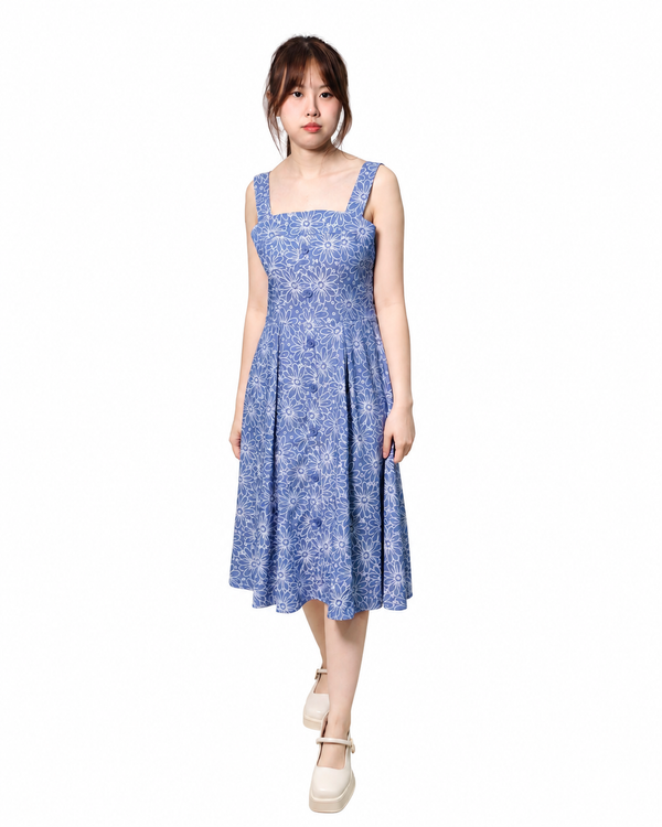 TARAN FLORAL SQUARE NECK MIDE DRESS (N-DRV41502)