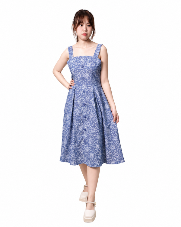 TARAN FLORAL SQUARE NECK MIDE DRESS (N-DRV41502)