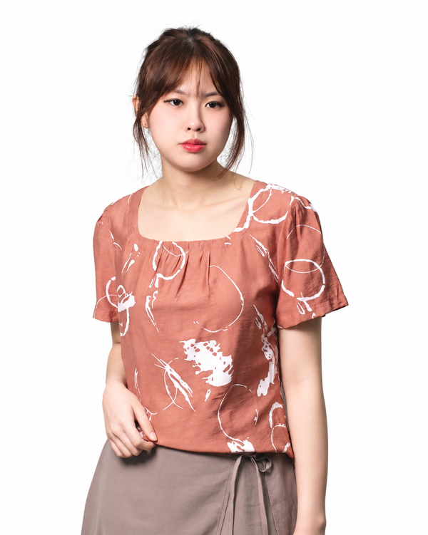 SARA ABSTRACT SQUARE NECK BLOUSE (V-BS75953)