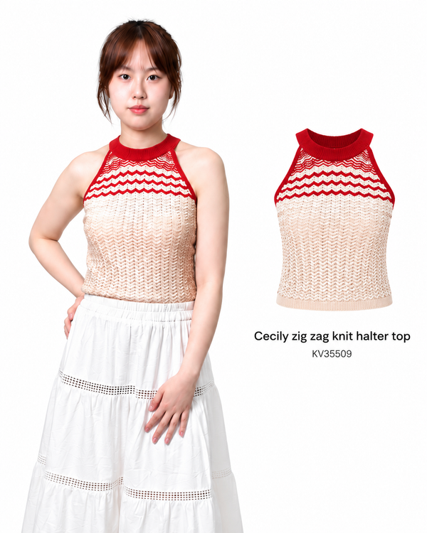 CECILY ZIG ZAG KNIT HALTER TOP (V-KV35509)